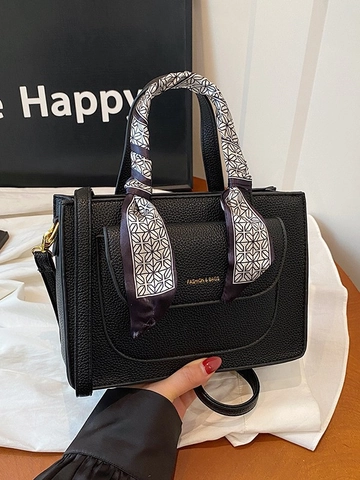 Women Lychee Texture PU Faux Leather Tote Bag With Scarf Decoration Detachable Shoulder Strap Fashion Crossbody Handbag For Daily Commuting