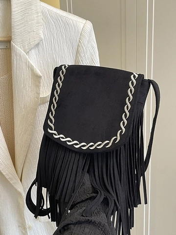 Bohemian Retro Wildleder Quaste Umhängetasche Für Damen Kunstleder Fransen Schultertasche Mit Geflochtenem Detail Mode Tasche