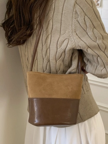 Bolso Cubo Retro para Mujer con Empalme Color de Contraste Cuir PU Gamuza Sintética Bolso de Hombro Minimalista Casual