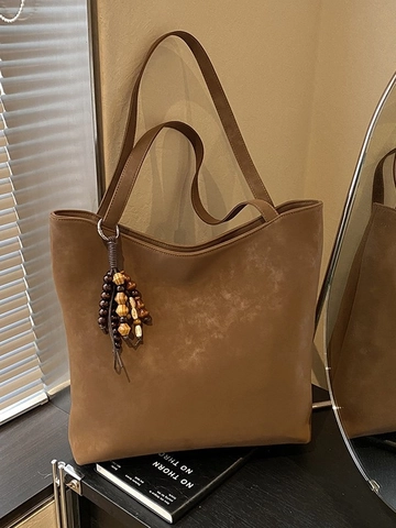 Large Capacity Women PU Leather Tote Bag Vintage Suede Texture Commuter Shoulder Bag With Wooden Bead Tassel Charm Bag