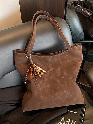 Large Capacity Women PU Leather Tote Bag Vintage Suede Texture Commuter Shoulder Bag With Wooden Bead Tassel Charm Bag