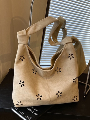 Women Fashion Suede Tote Bag Large Capacity Hollow Floral Pattern Laser Cut Knotted Strap Shoulder Bag Casual Underarm Handbag