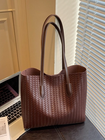 Gewebte PU Leder Shopper Für Damen Große Kapazität Umhängetasche Retro Mode Vielseitig Pendler Unterarmtasche Geflochtene Handtasche