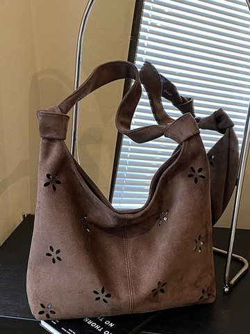 Women Fashion Suede Tote Bag Large Capacity Hollow Floral Pattern Laser Cut Knotted Strap Shoulder Bag Casual Underarm Handbag