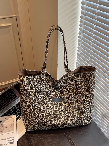 Damen Leopardenmuster Leinwand Tragetasche Große Kapazität Lässig Schulter Einkaufstasche Für Pendeln Reisen Mode Handtasche