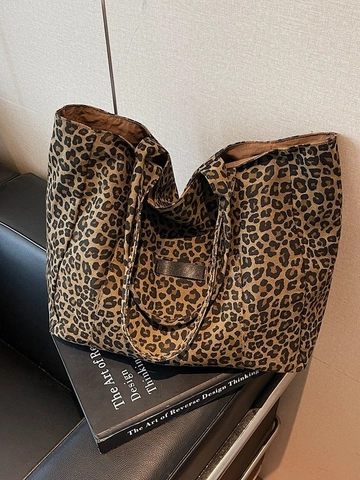 Damen Leopardenmuster Leinwand Tragetasche Große Kapazität Lässig Schulter Einkaufstasche Für Pendeln Reisen Mode Handtasche