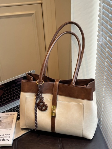 Women Large Capacity PU Leather Tote Bag Retro Contrast Color Commuting Shoulder Bag With Metal Lock Tassel Charm Fashion Handbag