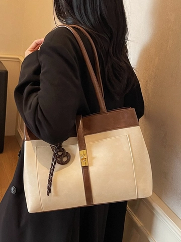 Women Large Capacity PU Leather Tote Bag Retro Contrast Color Commuting Shoulder Bag With Metal Lock Tassel Charm Fashion Handbag