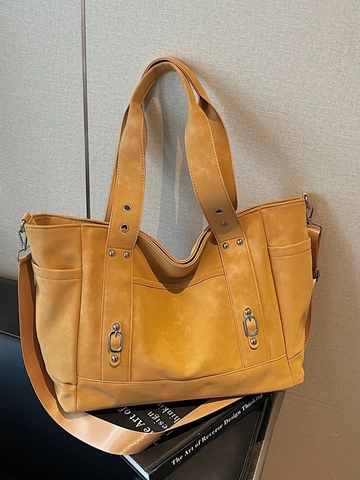 Grand Sac Fourre-tout pour Femmes en Cuir PU Rétro Sac à Bandoulière Avec Décor de Rivets Sac à Main de Mode