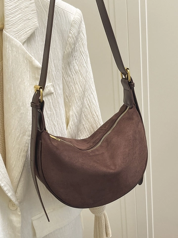 Women Vintage Suede Texture Hobo Bag Solid Color Polyester Half Moon Shoulder Bag Adjustable Strap Casual Crossbody Bag For Daily Use