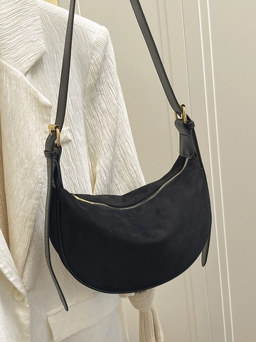 Women Vintage Suede Texture Hobo Bag Solid Color Polyester Half Moon Shoulder Bag Adjustable Strap Casual Crossbody Bag For Daily Use