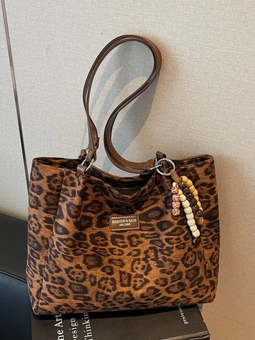 Grand Sac Cabas Imprimé Léopard pour Femme Grande Capacité Sac à Épaule en Suédine Avec Charme de Perles Style Vintage