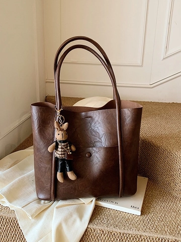 Borsa Tote in Pelle PU di Grande Capacità Vintage per Donna Borsa a Spalla Sottobraccio in Stile Coreano Con Charm a Coniglio