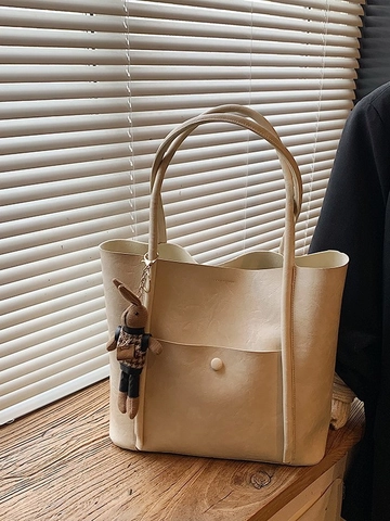 Borsa Tote in Pelle PU di Grande Capacità Vintage per Donna Borsa a Spalla Sottobraccio in Stile Coreano Con Charm a Coniglio
