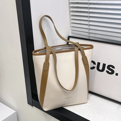 Bolso Tote de Gran Capacidad para Mujer Moda Minimalista Cuero PU Color Contraste Bolso de Hombro Urbano para Mujer