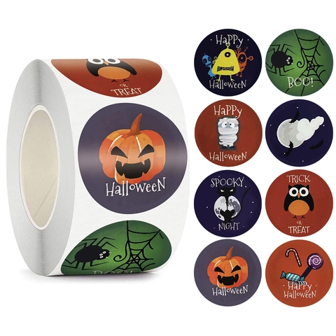 Adesivi Rotondi a Cartone Animato di Halloween Zucca Fantasma Gufo Pipistrello Etichette Adesive per Decorazione Festa Bambini Regali