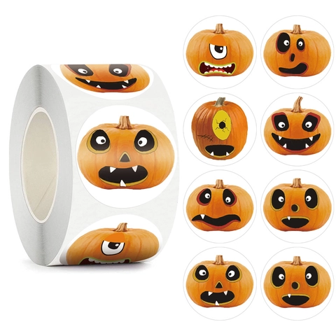 Adesivi per Zucca di Halloween Rotondi Autoadesivi in Rotolo Etichette per Decorazione Regalo Festa Bambini Cartone Animato Mostro