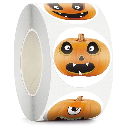 Adesivi per Zucca di Halloween Rotondi Autoadesivi in Rotolo Etichette per Decorazione Regalo Festa Bambini Cartone Animato Mostro
