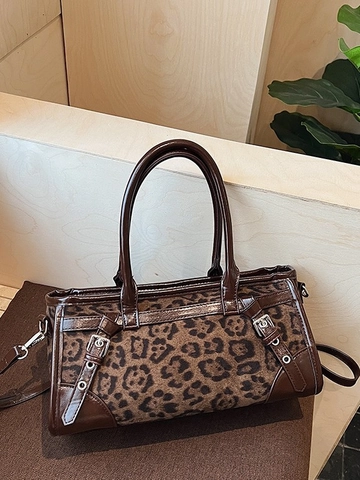 Borsa Tote Patchwork Vintage con Stampa Leopardata da Donna Borsa a Tracolla in Pelle PU Grande Capacità con Fibbia in Metallo