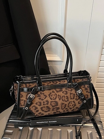 Borsa Tote Patchwork Vintage con Stampa Leopardata da Donna Borsa a Tracolla in Pelle PU Grande Capacità con Fibbia in Metallo