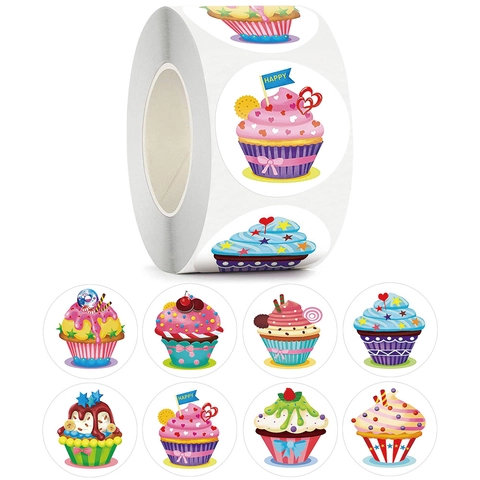 Cartoon Cupcake Pattern Self Adhesive Sticker Labels For Birthday Party Baking Gift Packaging Decorative Sealing Tags Multi Color Dessert Theme Paper Decals