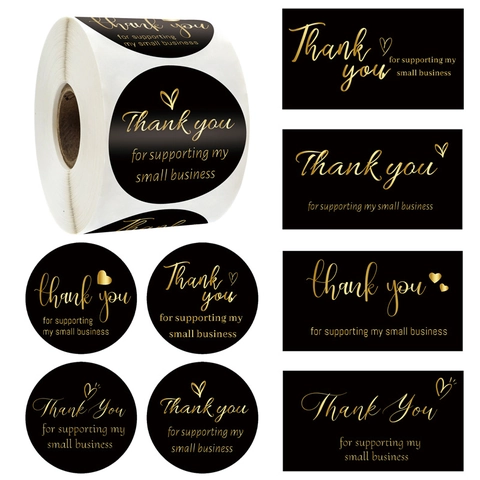 Black Gold Foil Thank You Cards Stickers Heart Pattern Small Business Packaging Seal Labels Appreciation Gift Decor