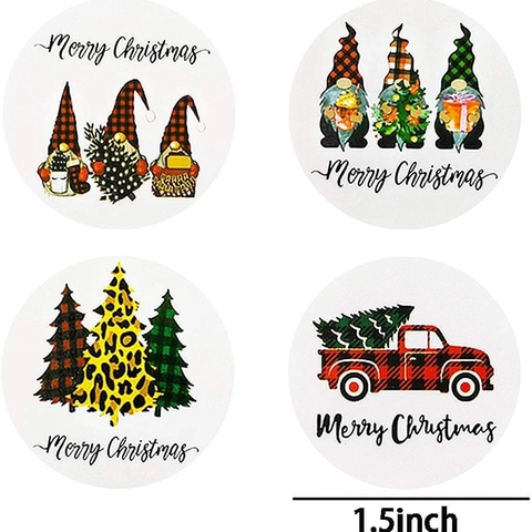 Festive Christmas Stickers Roll Kraft Paper Gnome Truck Merry Christmas Round Gift Sealing Labels For Holiday Party Decoration