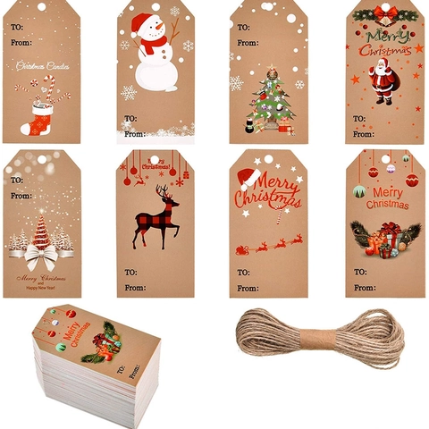 Etichette Regalo in Carta Kraft di Natale Con Corda di Canapa Renna Babbo Natale Etichette Appese per Feste Decorazione