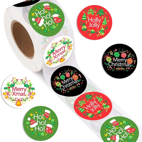 Merry Christmas Round Kraft Paper Roll Stickers Festive Cartoon Patterns Self Adhesive Labels For Holiday Gift Packaging Decoration