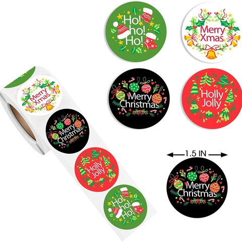 Merry Christmas Round Kraft Paper Roll Stickers Festive Cartoon Patterns Self Adhesive Labels For Holiday Gift Packaging Decoration