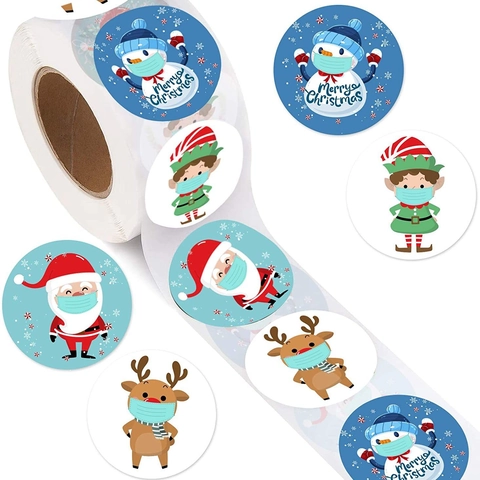 Adesivi Rotondi Merry Christmas Babbo Natale Pupazzo di Neve Con Mascherina Etichette Autoadesive per Confezioni Regalo Decorazioni Natalizie