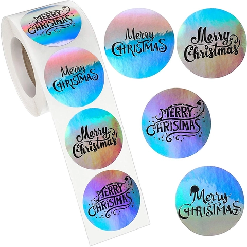 Holographic Merry Christmas Stickers Roll Round Laser Xmas Sealing Labels For Gift Wrapping Card Envelope Holiday Decor