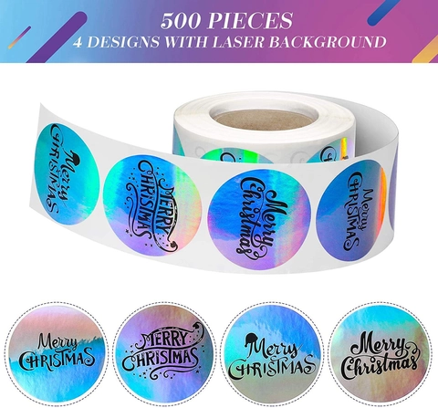 Holographic Merry Christmas Stickers Roll Round Laser Xmas Sealing Labels For Gift Wrapping Card Envelope Holiday Decor