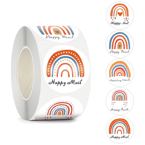 Autocollants Ronds Happy Mail Arc-en-ciel Merci Papier Kraft Auto-adhésif Emballage Cadeau Étiquettes de Scellage Rouleau Autocollants Décoratifs