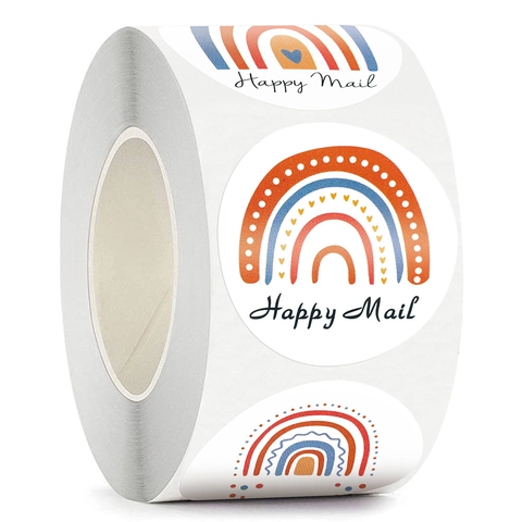 Autocollants Ronds Happy Mail Arc-en-ciel Merci Papier Kraft Auto-adhésif Emballage Cadeau Étiquettes de Scellage Rouleau Autocollants Décoratifs