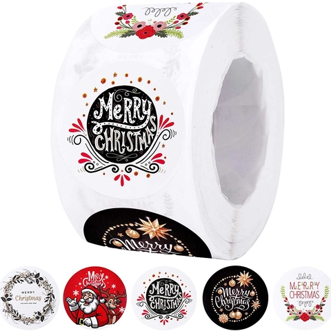 Feliz Navidad Redondo Papel Kraft Pegatinas Rollo Etiquetas Autoadhesivas Para Envolver Regalos Papá Noel Reno Decoración