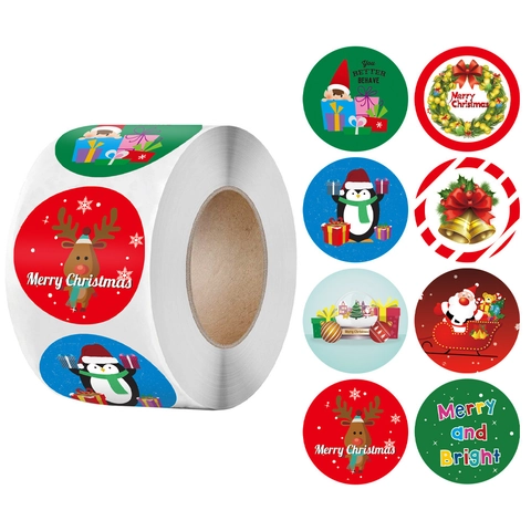 Adesivi Autoadesivi Natalizi Tondi in Carta Kraft Rotolo con Motivo Babbo Natale e Renna Etichette Sigillanti per Confezioni Regalo