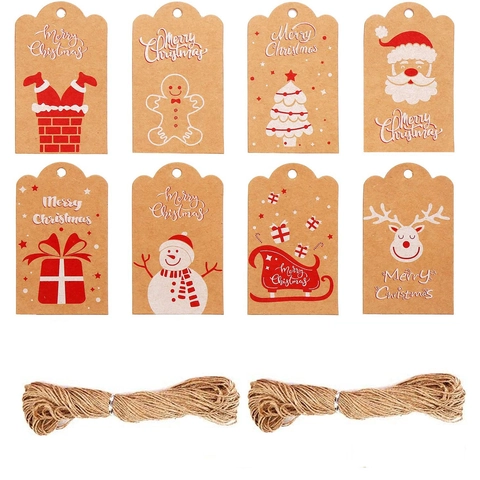 Etichette Regalo di Natale in Carta Kraft Con Corda di Canapa Babbo Natale Pupazzo di Neve Renna Albero Per Decorazioni Regalo