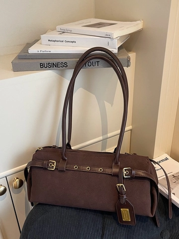 Sac à Épaule Bowling en PU Suède Mat Vintage pour Femme Mode Minimaliste Boucle de Ceinture Sac Sous l'Aisselle Rétro Street Casual