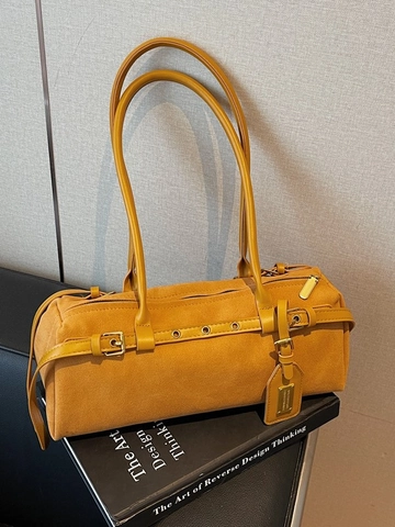 Sac à Épaule Bowling en PU Suède Mat Vintage pour Femme Mode Minimaliste Boucle de Ceinture Sac Sous l'Aisselle Rétro Street Casual