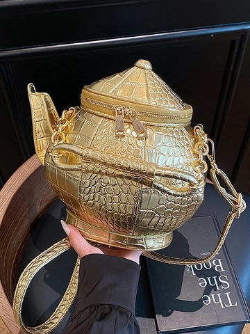 Creatieve Theepot Vorm Crossbodytas Voor Dames PU Leer Krokodillenpatroon Novelty Handtas Mode Feest Schoudertas