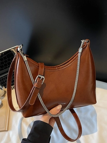 Borsa Sottospalla a Mezzaluna in Pelle PU Vintage da Donna con Decorazione a Catena Argentata Borsa a Tracolla Hobo Quotidiana