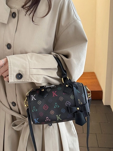 Women Retro Monogram Printed PU Leather Boston Bag Round Barrel Handbag With Bow Charm Shoulder Crossbody Bag For Daily