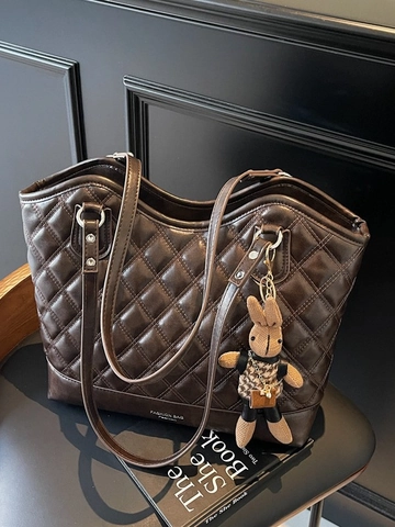 Borsa Tote da Donna Grande Capacità Trapuntata in Pelle PU Borsa a Spalla Con Ciondolo a Coniglio Elegante Borsa Casual