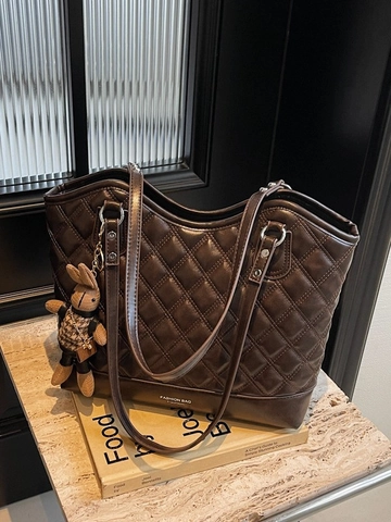 Borsa Tote da Donna Grande Capacità Trapuntata in Pelle PU Borsa a Spalla Con Ciondolo a Coniglio Elegante Borsa Casual