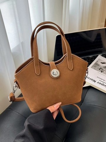 Bolso de Cubo Retro de Cuero PU para Mujer Gran Capacidad Color Sólido Bolso de Mano Vintage Bolso de Hombro Con Hebilla de Metal