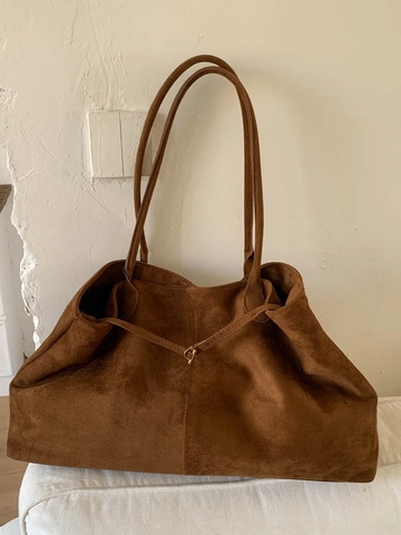 Large Capacity Faux Suede Tote Bag For Women Retro Minimalist Shoulder Bag Solid Color Underarm Bag With Magnetic Buckle