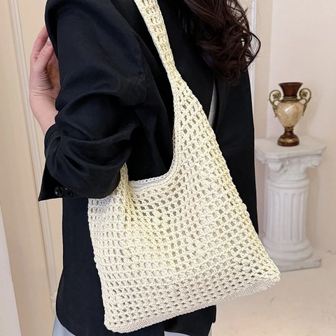 Women Large Capacity Hollow Out Crochet Woven Shoulder Bag Polyester Beach Tote Bag Khaki Cream Lazy Style Shopping Bag