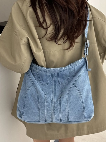 Damen Vintage Gewaschen Denim Tragetasche Große Kapazität Lässig Schultertasche Mit Kontrastnaht Retro Hobo Tasche