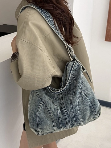 Damen Vintage Gewaschen Denim Tragetasche Große Kapazität Lässig Schultertasche Mit Kontrastnaht Retro Hobo Tasche